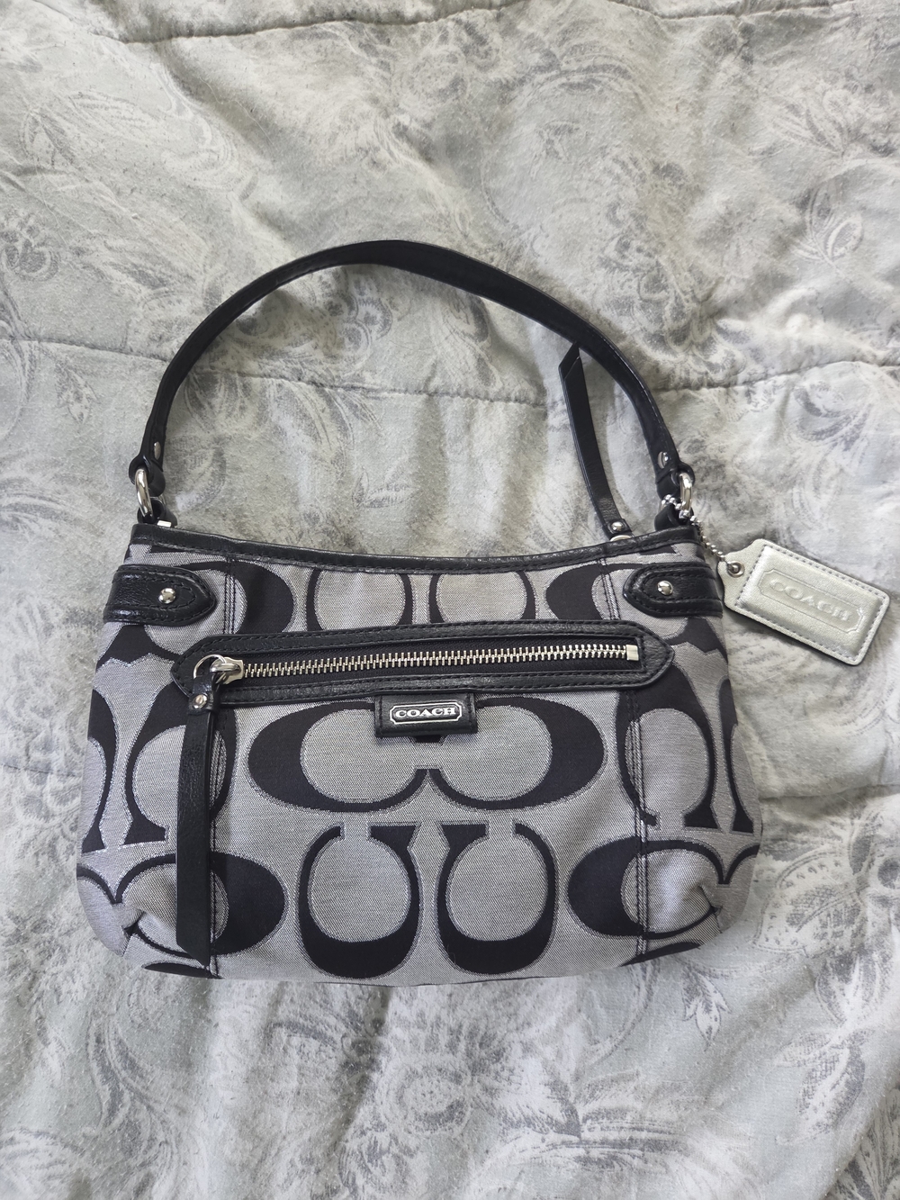 Coach Black & Gray Signature Jacquard Shoulder Bag with Leather Trim
